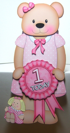 3D On the Shelf Card Kit - Cute Little Livvy Bear is the Birthday Girl with ages 1 - 5 age Rosette Decoupage by Katie Silver