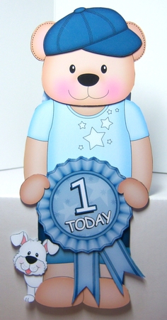 3D On the Shelf Card Kit - Cute Little Austin Bear is the Birthday Boy with ages 1 - 5 age Rosette Decoupage by Katie Silver