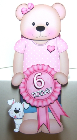 3D On the Shelf Card Kit - Cute Little Livvy Bear is the Birthday Girl with ages 6 - 11 age Rosette Decoupage by Katie Silver