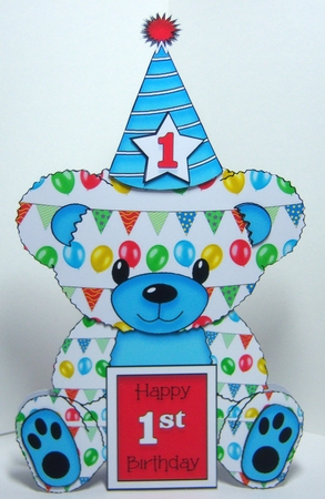Teddy Bear Birthday Age Card - Blue & Red by Katie Silver