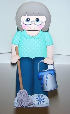 3D On the Shelf Card Kit - Scrub-a-Dub-Dub Cleaner Older Lady Marcy has a bucket & Mop by Katie Silver
