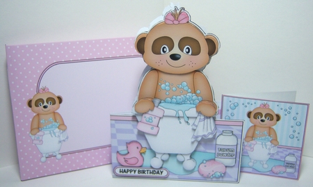 3D Shaped Card  Kit - Bathtub Buddies - Cute Little Baby Meerkat Natalya has a Bubble Bath by Katie Silver