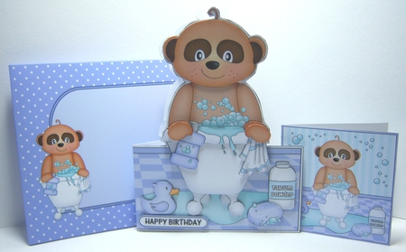 3D Shaped Card  Kit - Bathtub Buddies - Cute Little Baby Meerkat Alexis has a Bubble Bath by Katie Silver