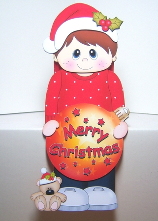 3D Christmas On the Shelf Card Kit -  Cute Little Boy has an Xmas Bauble with Greetings Sentiments by Katie Silver