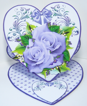 Lilac roses heart shaped easel card with decoupage and matching envelope by Katie Silver