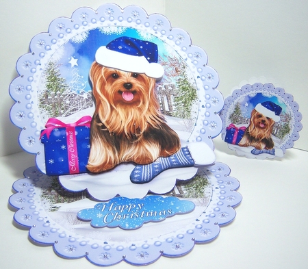 Christmas YorkshireTerrier in the Snow Scalloped Round Easel Card by Katie Silver
