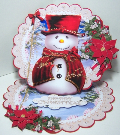 Sparkling Christmas Snowman Scalloped Round Easel Card by Katie Silver