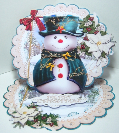 Green Sparkling Christmas Snowman Scalloped Round Easel Card by Katie Silver