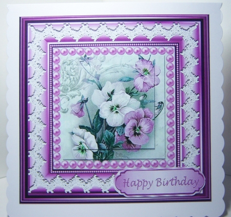 Pretty lilac pansies with pearls lace in 7x7 frame with pyramids by Katie Silver