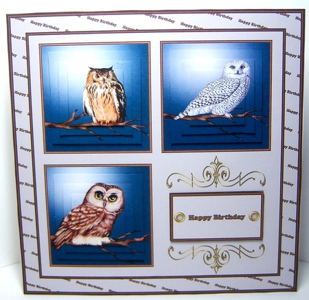 8 x 8 Wise old owls card front with decoupage by Katie Silver