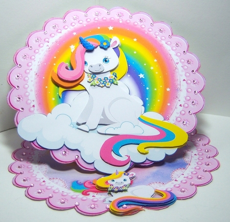 Rainbow Unicorn Scalloped Round Easel Card by Katie Silver