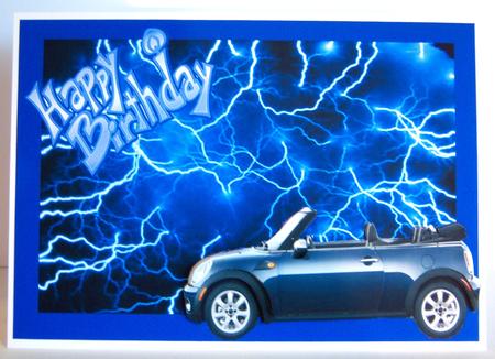 Blue Mini Cooper Happy Birthday Decoupage by Katie Silver