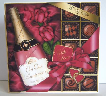 Wife Anniversary Champers Chocs N Roses Fan Pyramage Topper by Katie Silver