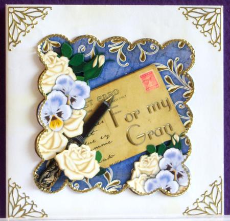 Cream Rose Blue Pansy Postcard for My Gran Step by Step by Katie Silver