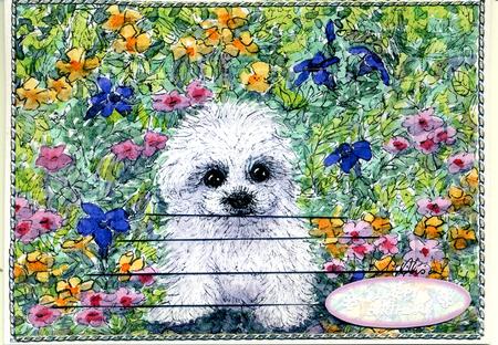 Maltese Bichon Puppy in the Flower Bed Pyramage by Katie Silver