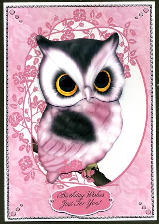 Cute Pink Owl Birthday Greeting Card by Katie Silver