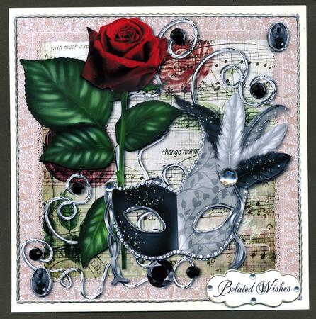 6 Inch Card - Venetian Mask - Red Rose and Silver by Katie Silver