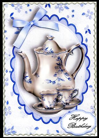 Lovely Cream & Blue Floral Tea Pot by Katie Silver