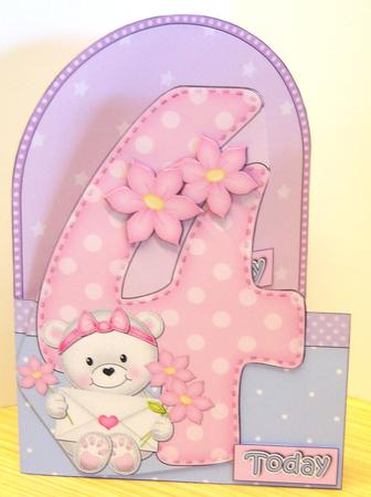 3D 4th Birthday Teddy Shaped Front Card with Decoupage by Katie Silver