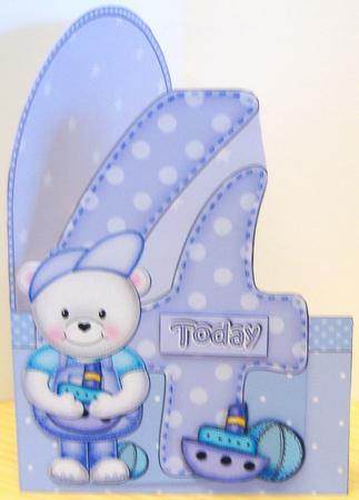 3D 4th Birthday Teddy Shaped Front Card with Decoupage by Katie Silver