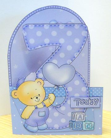 3D 3rd Birthday Teddy Shaped Front Card with Decoupage by Katie Silver