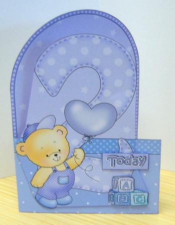 3D 2nd Birthday Teddy Shaped Front Card with Decoupage by Katie Silver