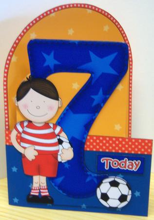 3D 7th Birthday Footballer Shaped Front Card with Decoupage by Katie Silver