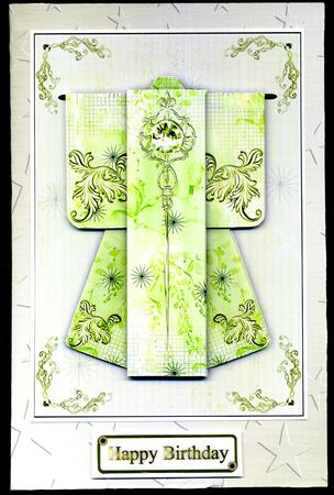 A6 Diamond Flourish Kimono Card in Green Decoupage by Katie Silver