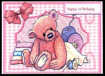 Happy 1st Birthday Raggety Teddy Pink by Katie Silver