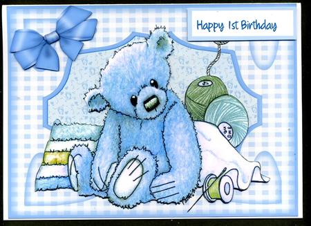 Happy 1st Birthday Raggety Teddy Blue by Katie Silver