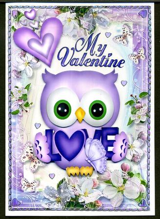 Cute Little Lilac Owl with Hearts & Butterflies by Katie Silver