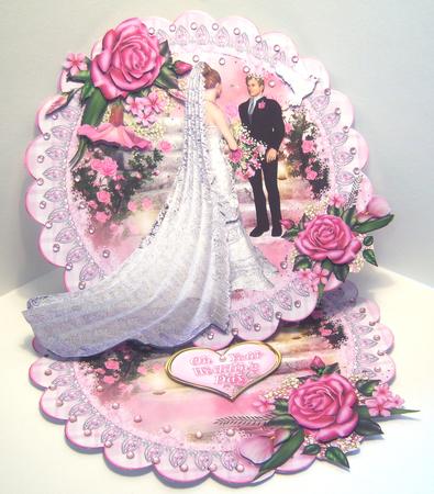 Pink Roses Bride and Groom Scalloped Round Easel Card by Katie Silver