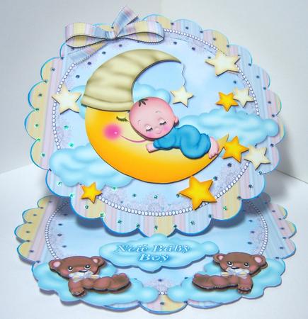 Baby Boy on the Moon Scalloped Round Easel Card by Katie Silver