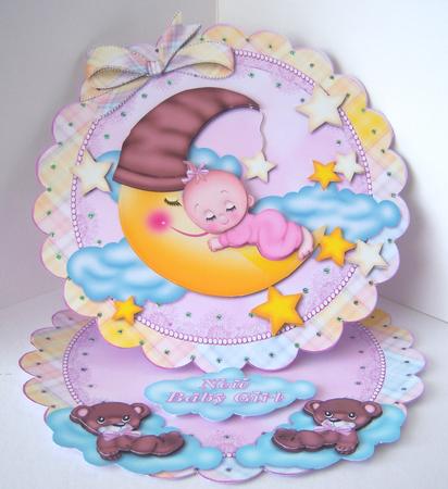 Baby Girl on the Moon Scalloped Round Easel Card by Katie Silver