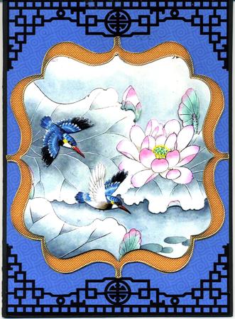Oriental Blue Lily Birds A4 Sheet Topper by Katie Silver