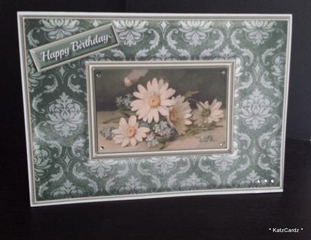 Cream Flowers on Green Damask Quick Card by Katrina Mills