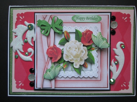 Pretty red/white roses with butterflies on lace with bow 8x8 by Kelly Patterson