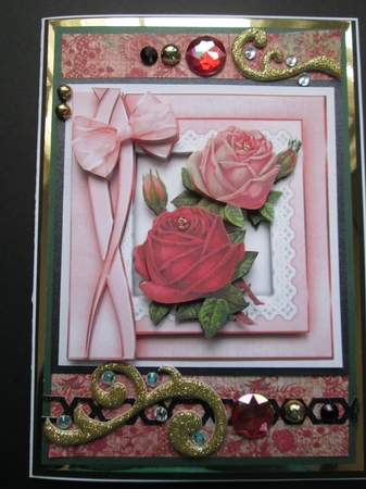 pretty vintage red roses on lace in ornate frame 8x8 by Kelly Patterson