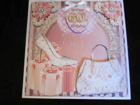 60th Pink floral shoe and bag card front by Kerry Ross