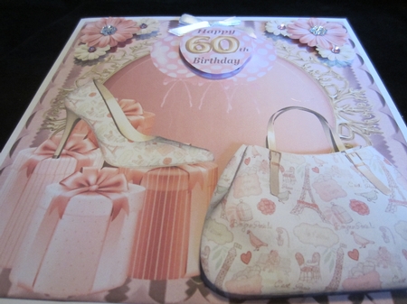 60th Pink floral shoe and bag card front by Kerry Ross