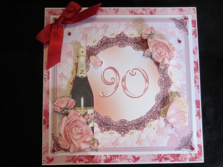 90th Birthday or anniversary card with roses and Champagne bottle decoupage by Kerry Ross