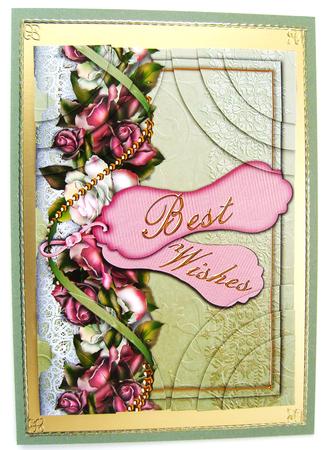 Green Pink Roses Best Wishes 7x5inch All 4 Corner Stacker by Kerry Sawyers