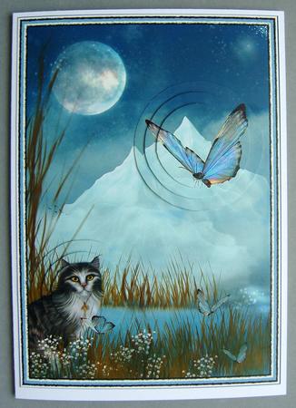 Garden Long Haired Cat and Butterfly Pyramid Card by Kerry Sawyers