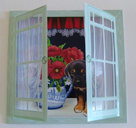 Acetate Open & Shut Windows Card - Poppies & Rottweiler Dog by Kerry Sawyers