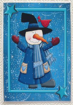 Dark Blue Christmas Snowman with Red Bird by Kerry Sawyers