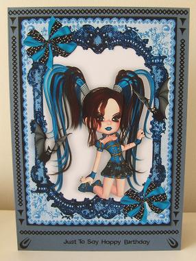 Gothic Girl in Blue Lace Frame with Bats A4 by Kerry Sawyers