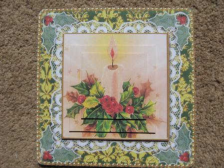 Christmas Candle 3 Lace Damask Square Card Front by Kerry West