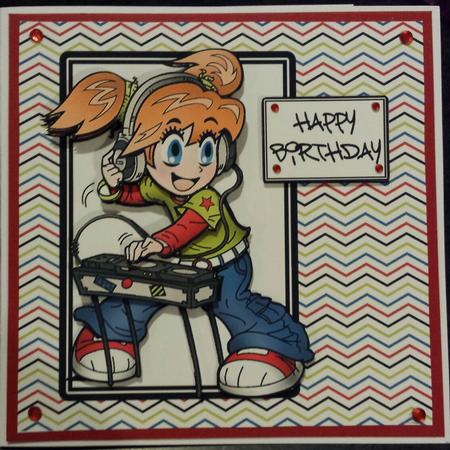 Anime Dj - 6x6 Decoupage Card - Khaki Green & Red by Keryl Horwath