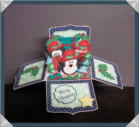 3D Xmas Penguins Rubber Band Pop Up Box Card by Keryl Horwath