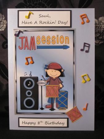 Jam Session Drummer Boy Quick Card Front with Decoupage by KiJu KiJu
